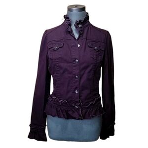 INC petite ruffle trim raw hem burgundy jean jacket